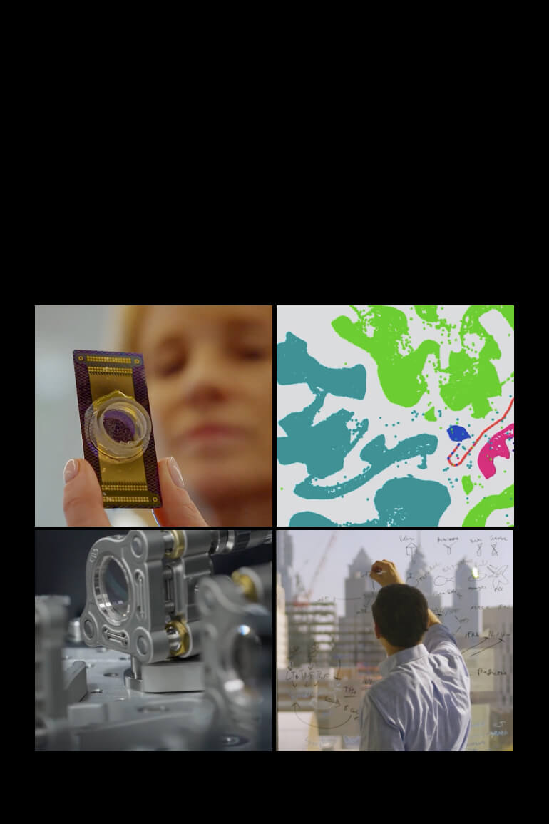 Four-panel collage showing Shana Kelley holding a small lab device, a colorful scientific visualization, a scientist writing on a glass board, and a close-up of laboratory equipment.