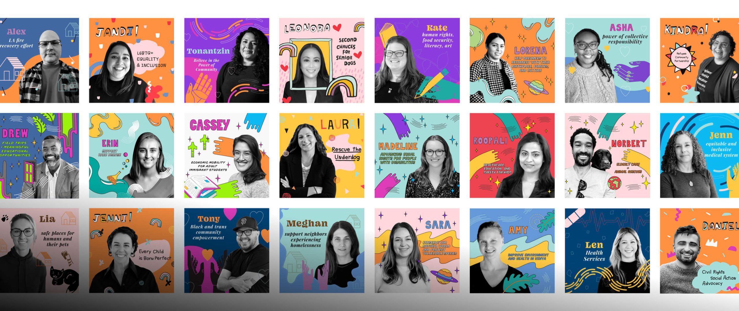 Collage of diverse CZI team members featured in colorful squares with their names, portraits, and causes they support