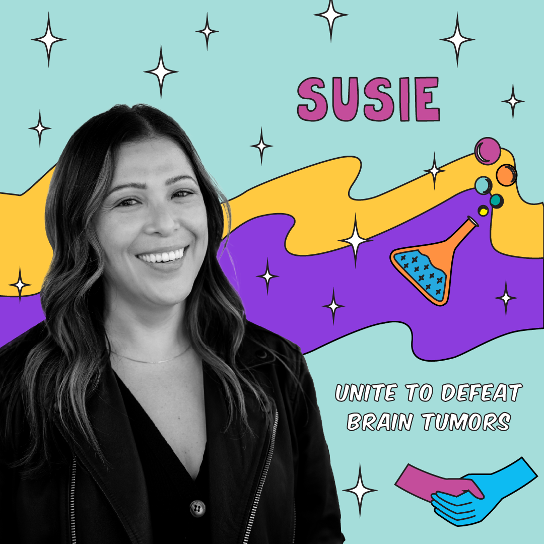 Portrait of Susie smiling with the text ‘Unite to Defeat Brain Tumors’ on a colorful background featuring stars and a bubbling lab flask.