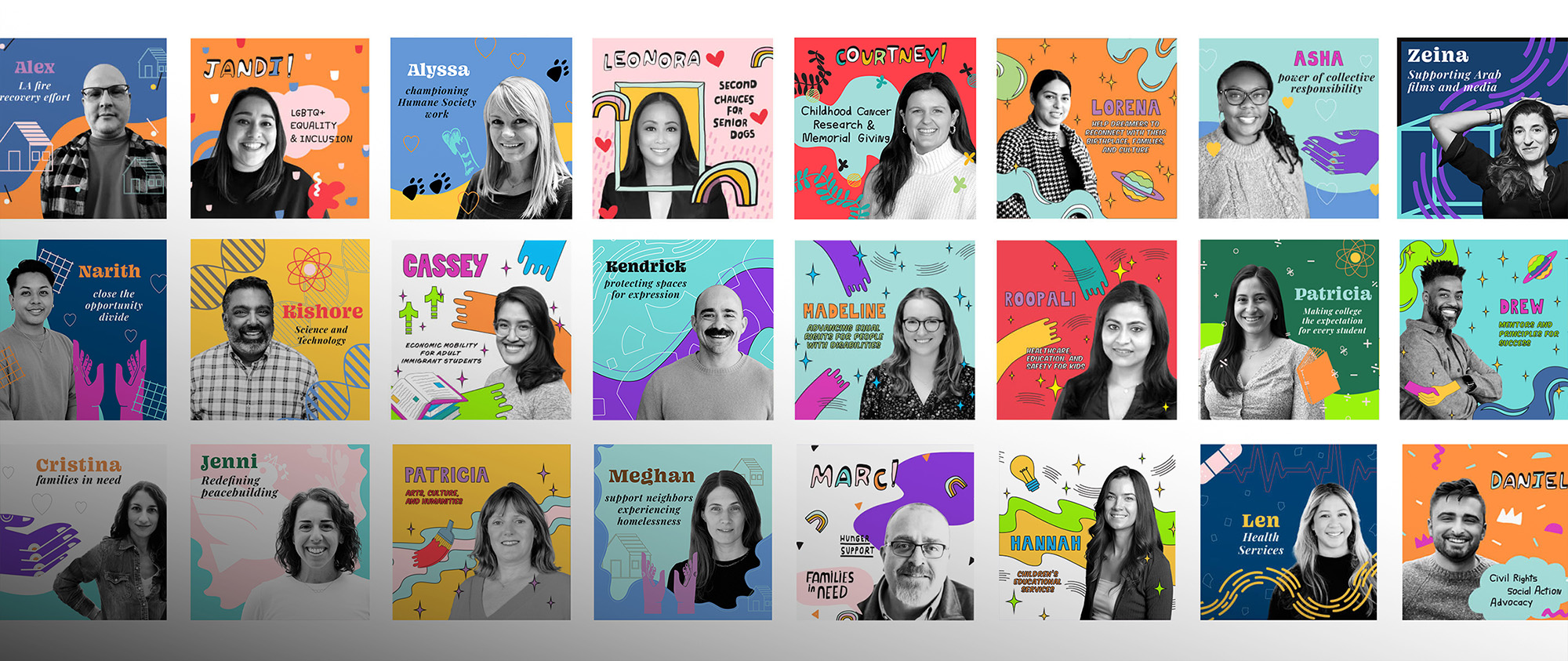 collage of CZI team members with colorful illustrations and text highlighting their personal service causes, such as education, equity, and community health.