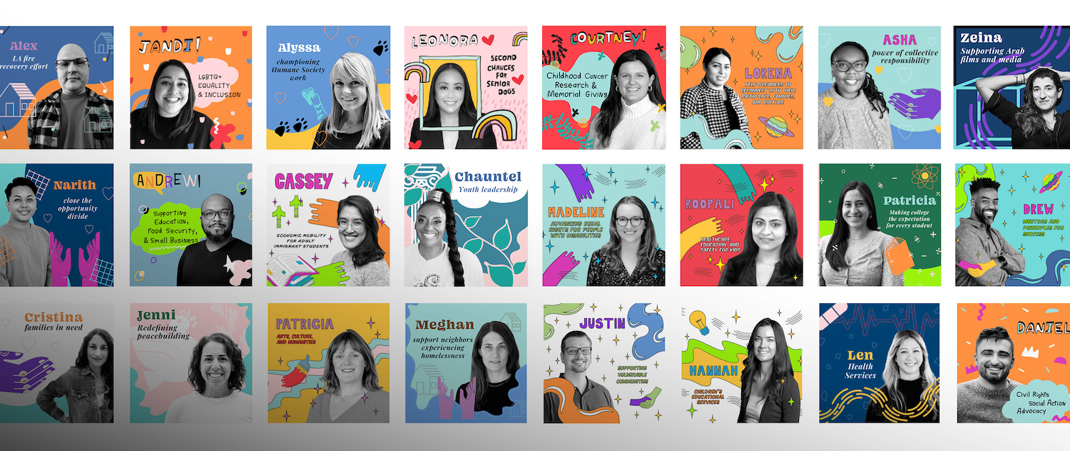 Collage of CZI team members with colorful illustrations and text highlighting their personal service causes, such as education, equity, and community health