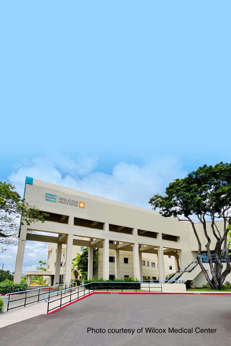 Exterior entrance of Hawaii Pacific Health's Wilcox Medical Center, the Kaua'i facility receiving a $1.48 million donation from Chan Zuckerberg Initiative for new imaging technology.