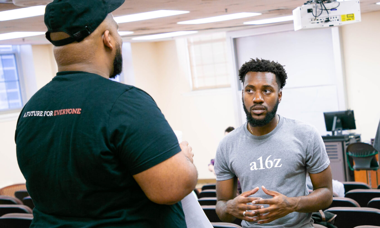Maurice Wilkins, Diversity, Equity, and Inclusion Manager is discussing careers in Silicon Valley, with Nashawn Chery, a student at Morehouse College. 