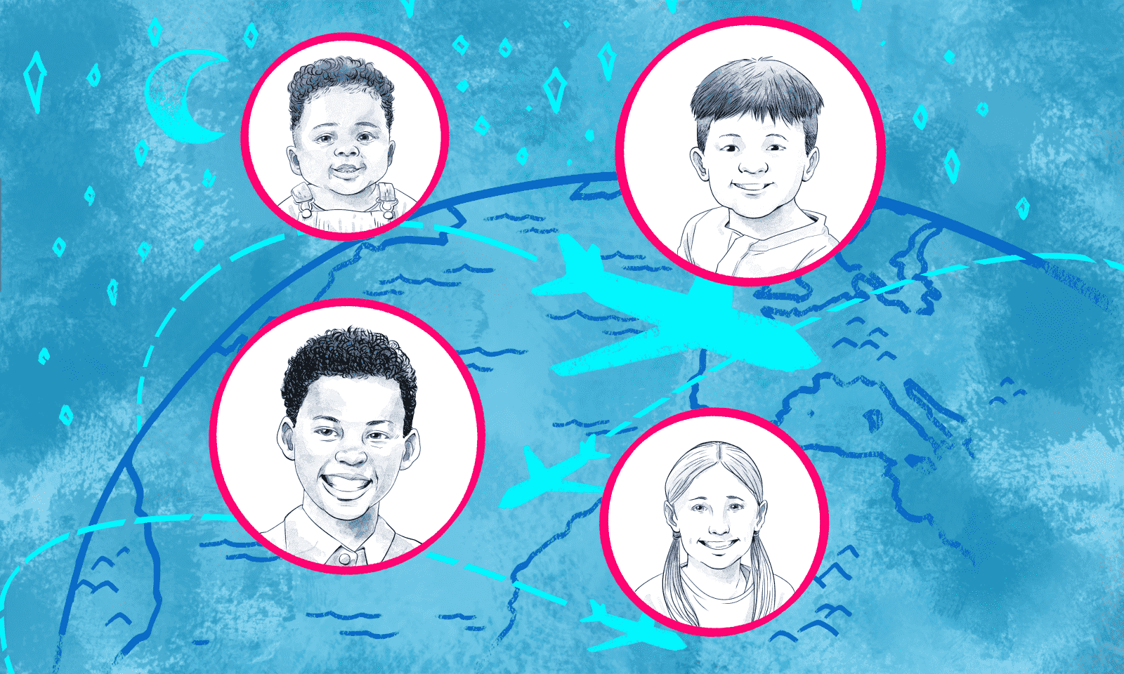 Illustration of four children’s faces set over a depiction of the earth.