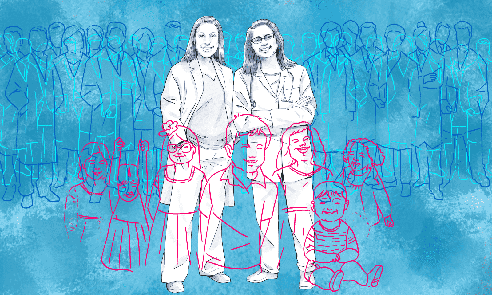Illustration of two scientists standing together surrounded by outlines of other scientists, physicians and children.
