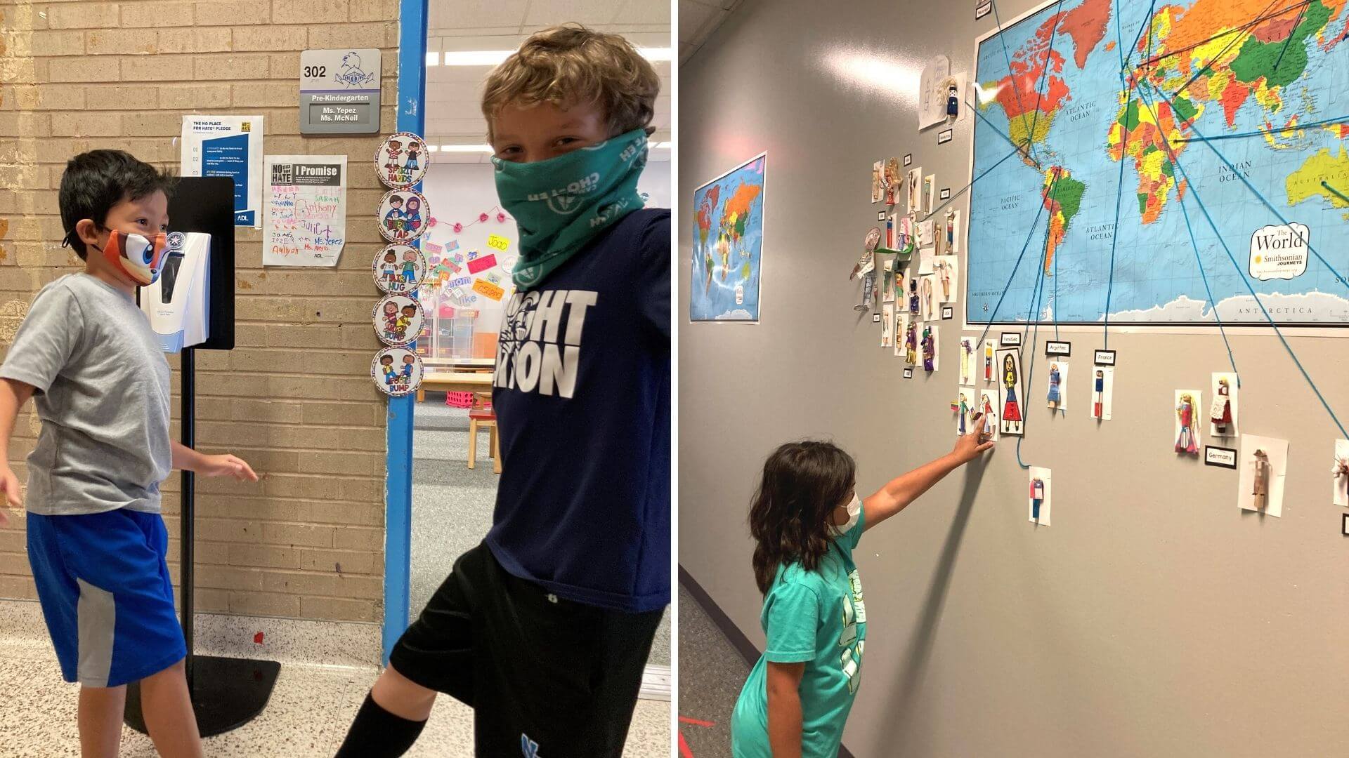 Two pictures side-by-side: On left, two students touch feet and look at the camera wearing masks. On right, a student touches a wall where a map is.