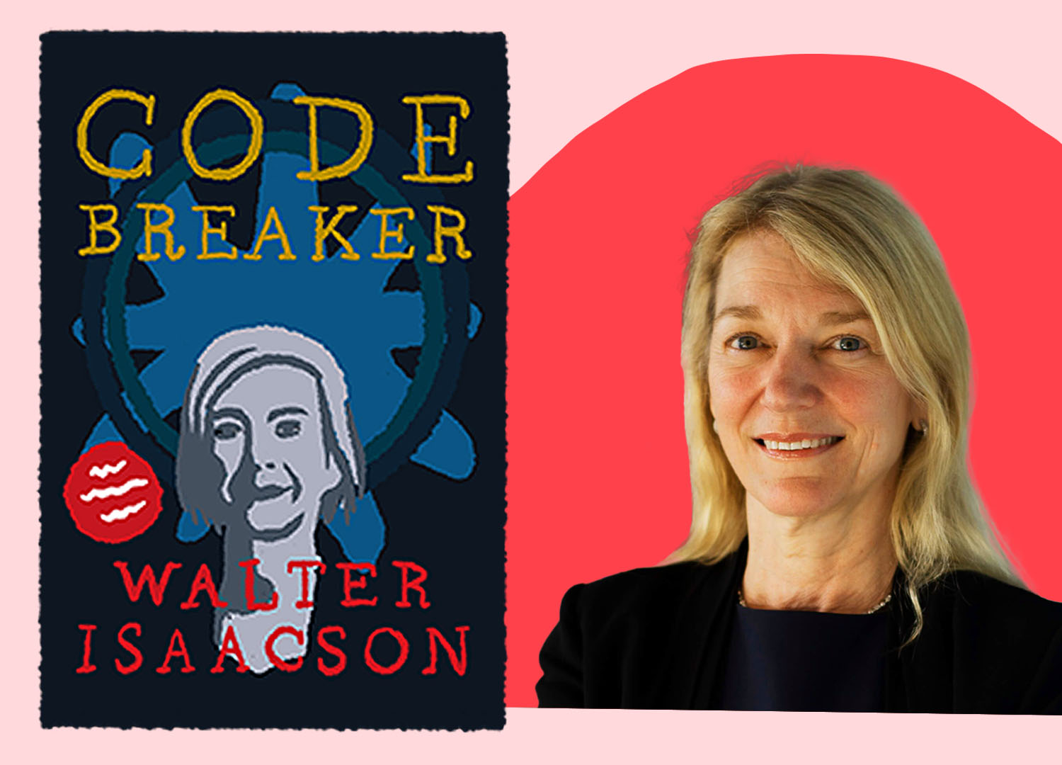 A woman smiles and is pictured next to an illustration of the book Code Breaker.