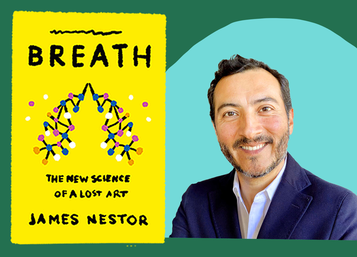 A man smiles and there is a teal circle behind his head. A yellow book with the word "Breath" is illustrated to his left. 