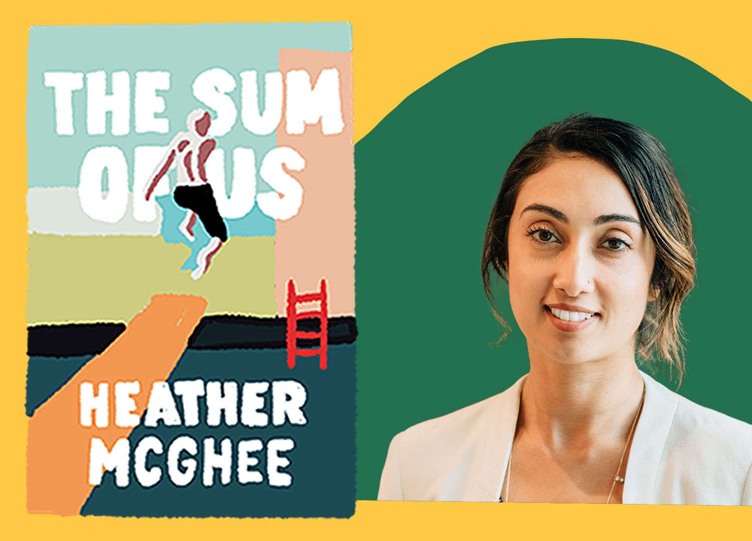 A woman smiles and is pictures in front of a green circle. An illustration of a book called The Sum of Us is to her left. 