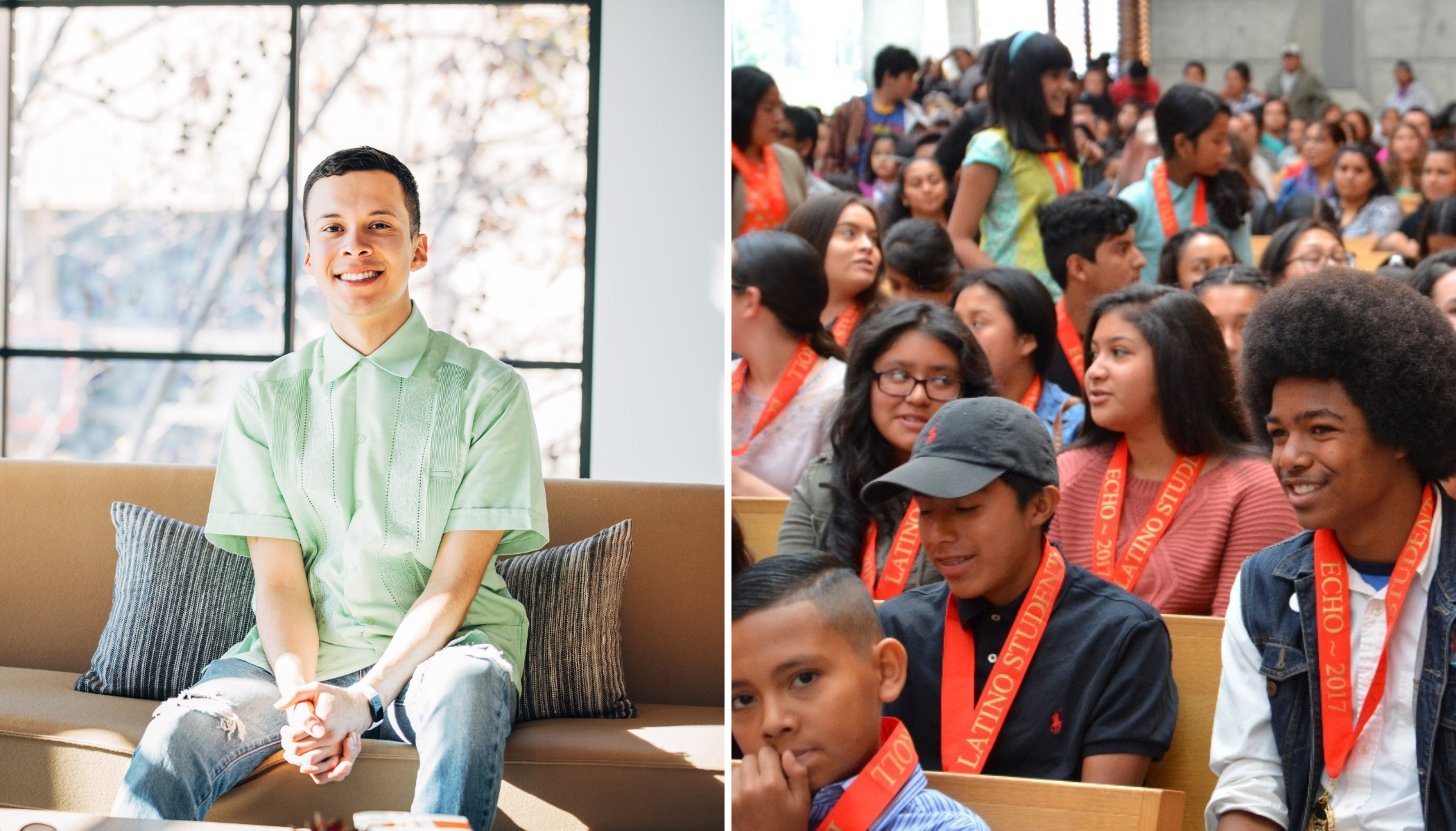 An image of a man in a green shirt smiling next to an image of children with orange medals on.