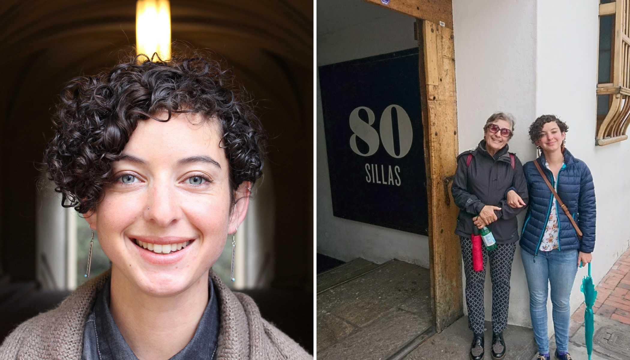 A close up of a woman smiling next to a photo of two woman smiling. 