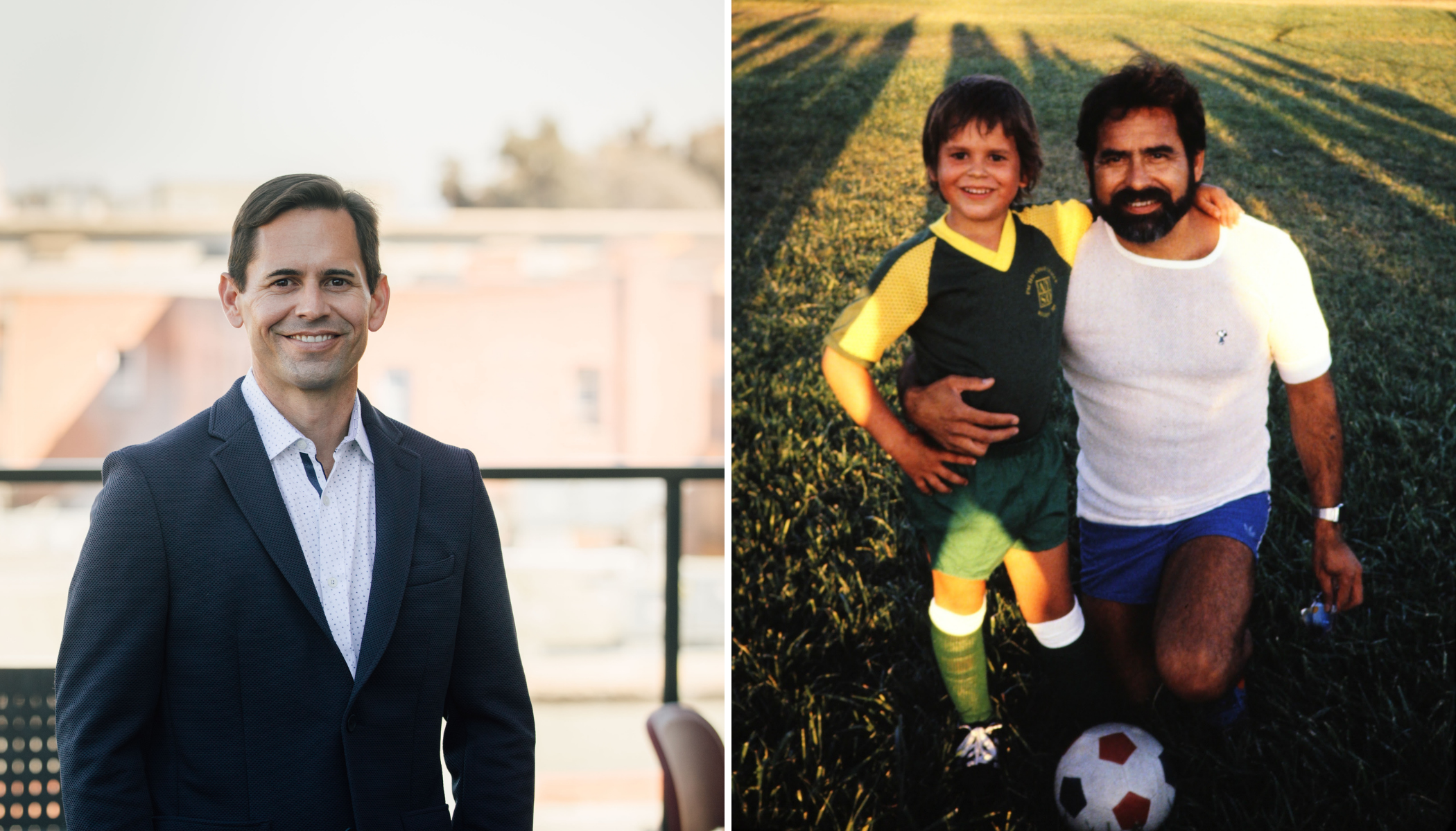 A man in a suit smiles next to a picture of a man kneeling next to his son who is in a soccer uniform.
