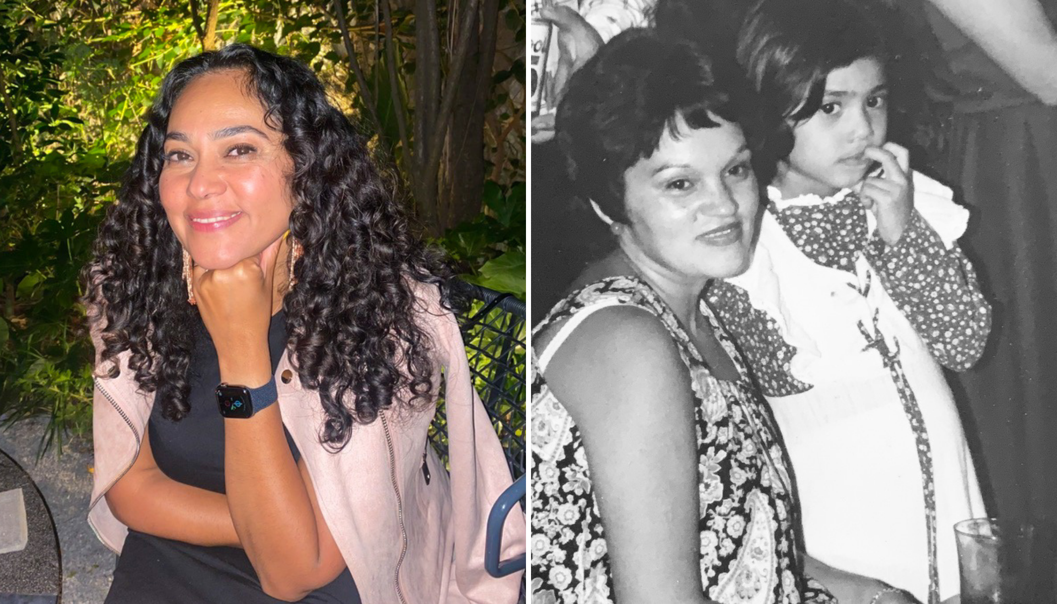 A women rests her chin on her hand and smiles. On the right, a black-and-white photo of a woman and daughter.