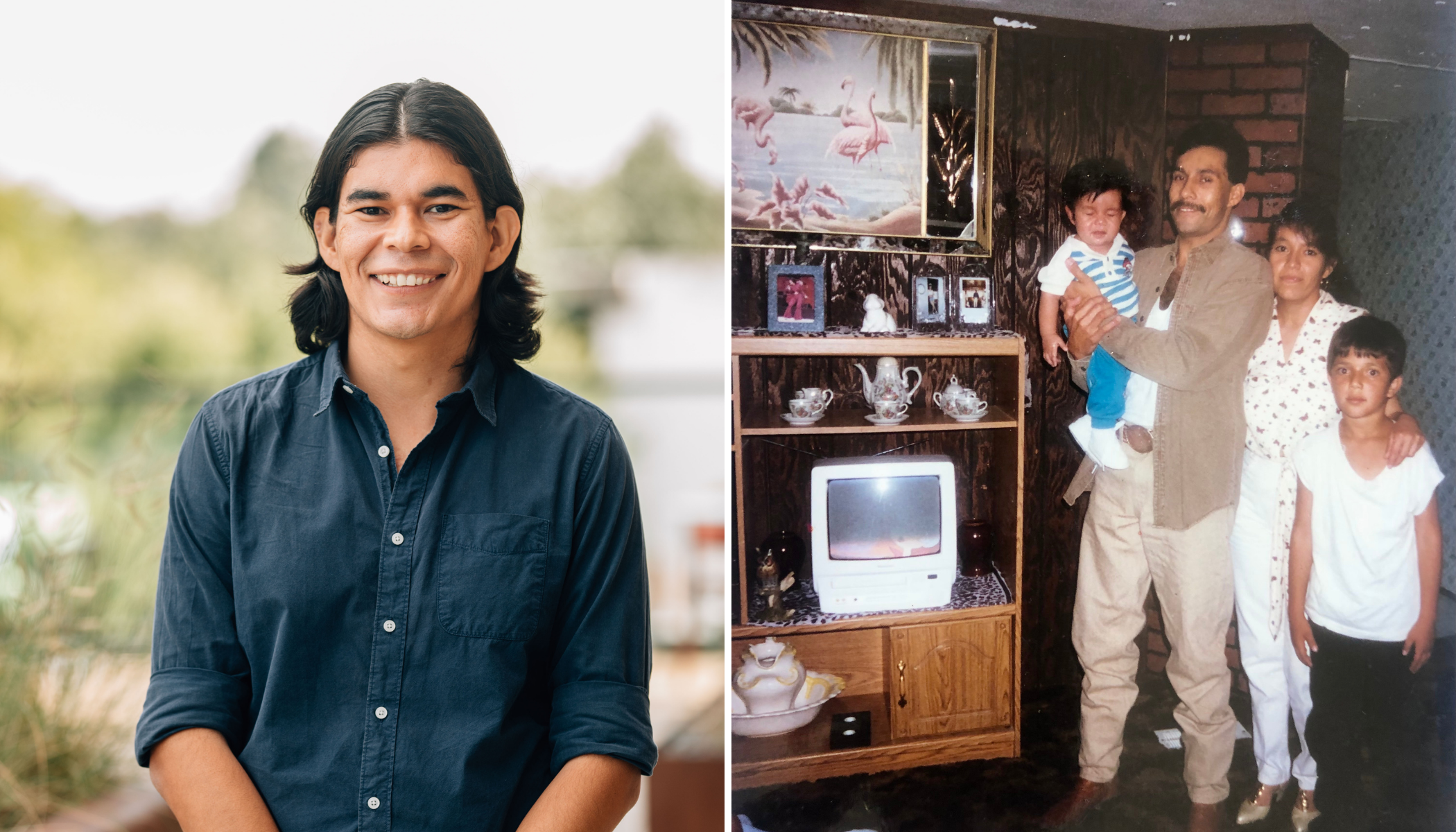 A man wears a blue shirt next to an image of a family of four in their home.