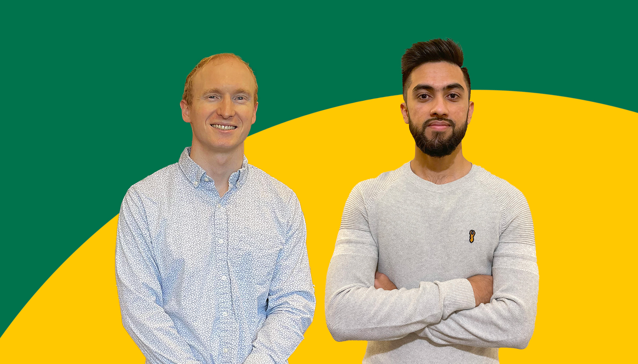 Two men's portraits on a yellow and green background.