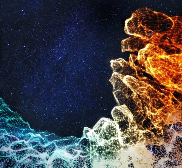 A vividly colorful image of red, orange, yellow, green and blue bursts on a black and blue sky-like background.