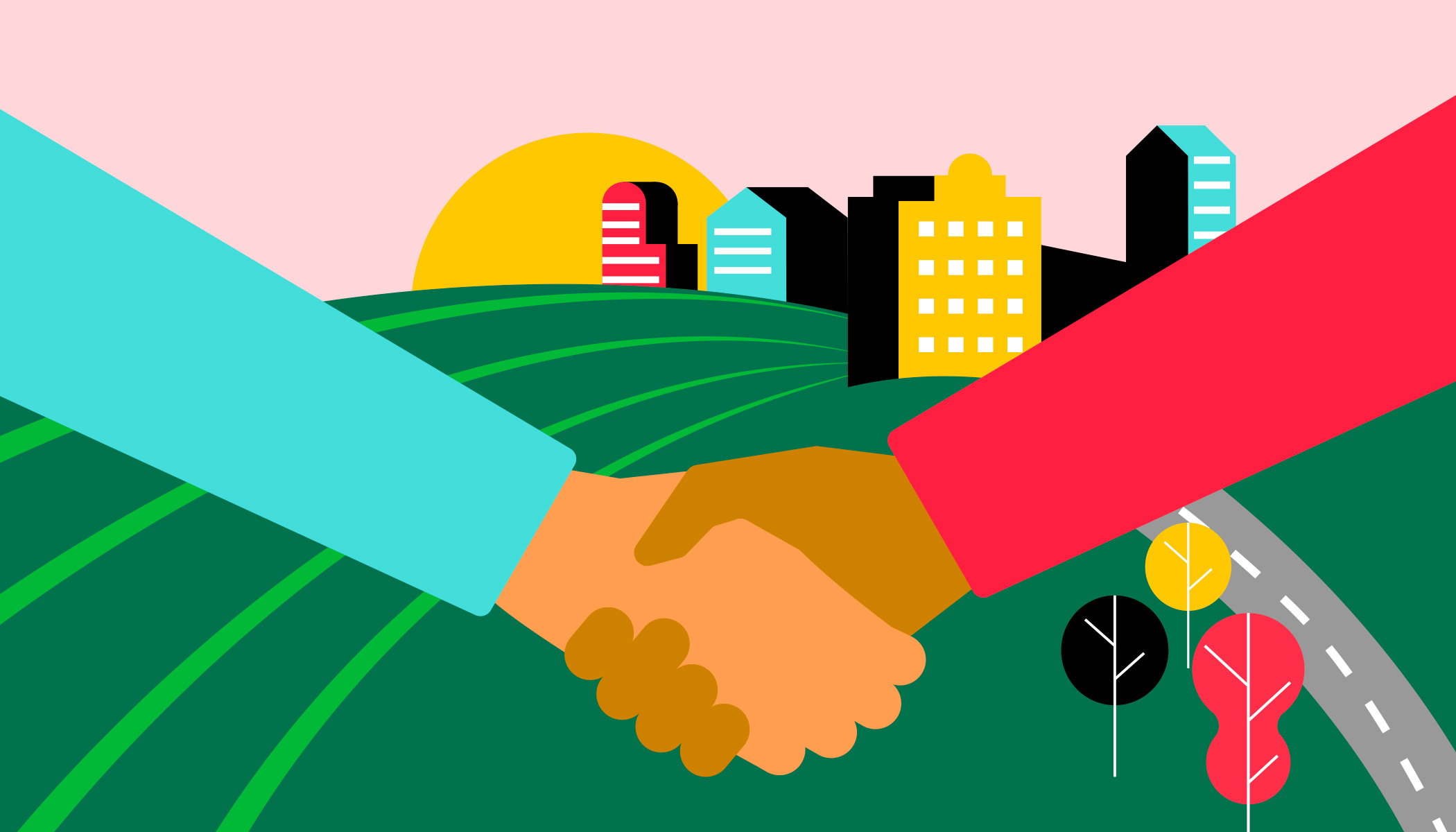 A colorful illustration of two hands shaking. Green fields and city buildings are in the background.