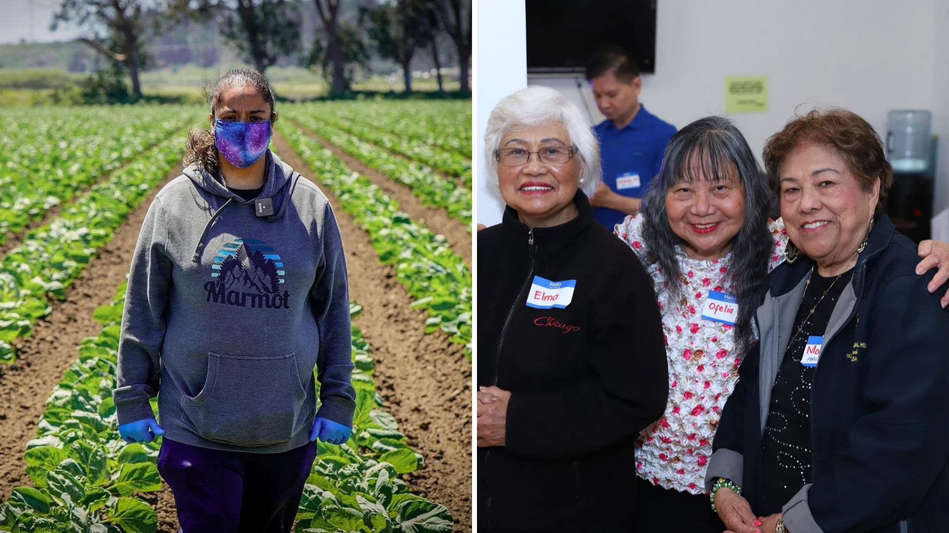 On one side, a woman stand in a farm field a mask. On the other, three women pose together and smile.