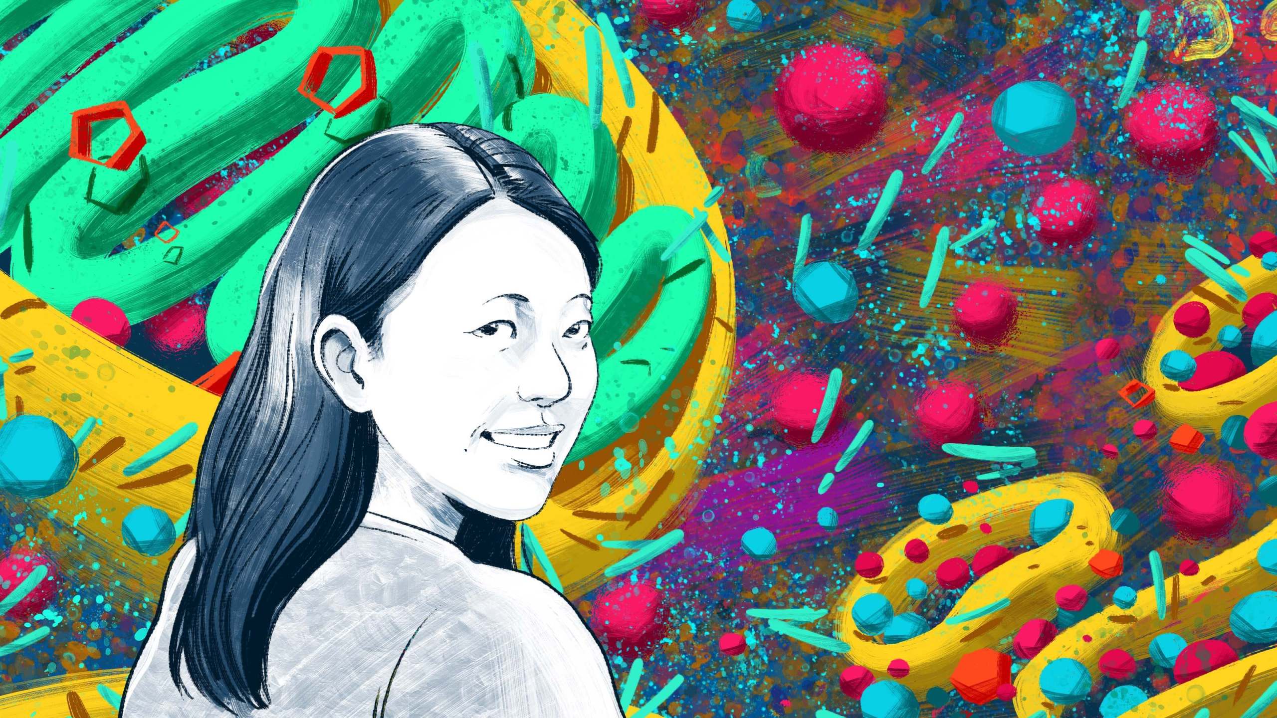 A colorful illustration of a woman smiling, with an assortment of shapes representing the insides of a neuron in the background.