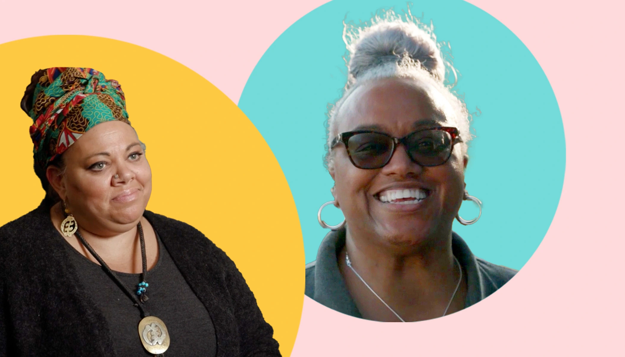 A woman with a colorful head wrap smiles and is pictured next to another woman with glasses who also smiles.