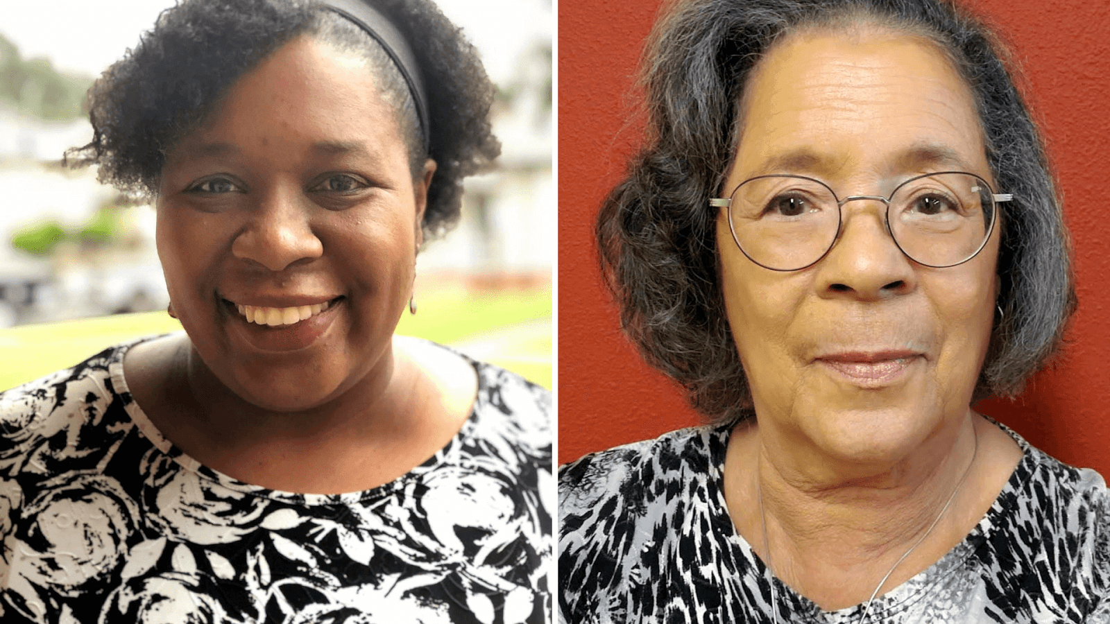 On one side, A women wearing a black and white blouse smiles. On the other, A women with glasses wearing a black and grey blouse.
