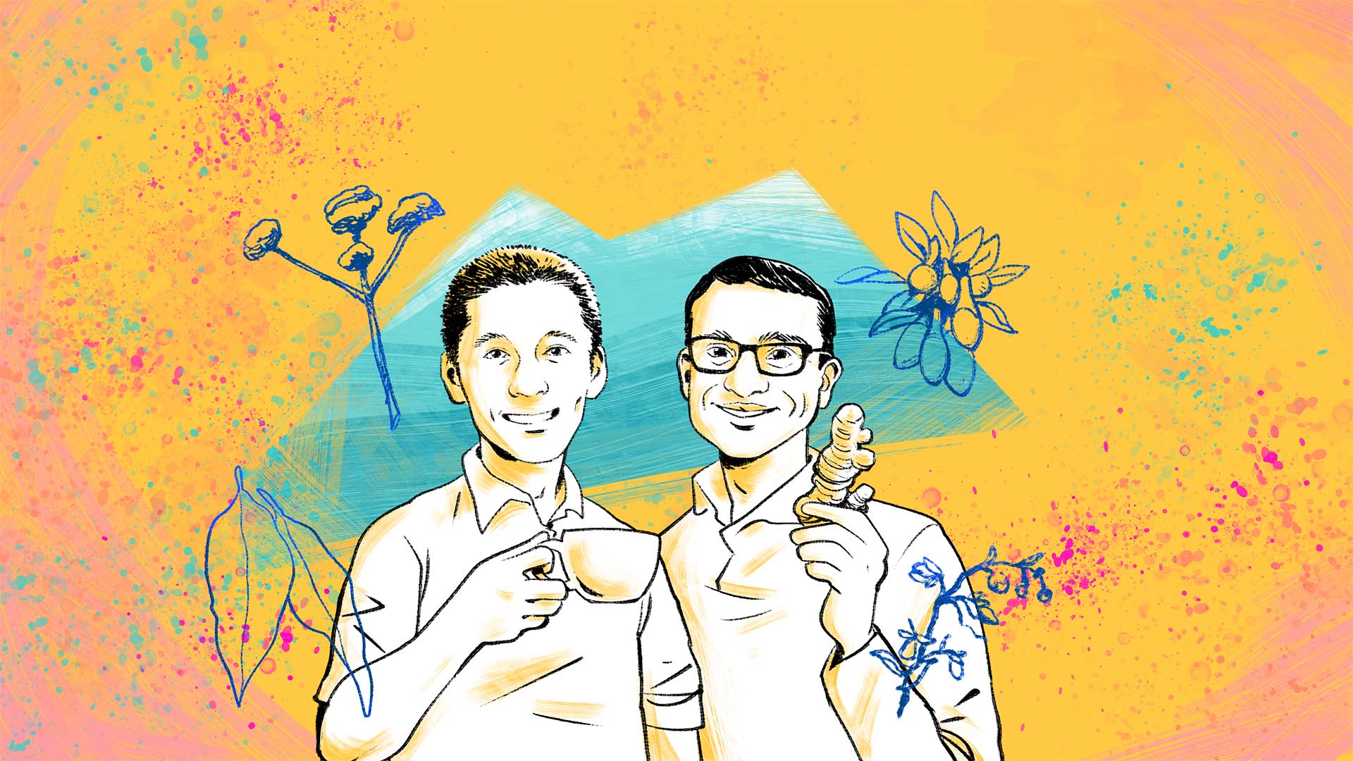 Illustration of two people smiling, one holding a cup of tea the other holding a ginger root