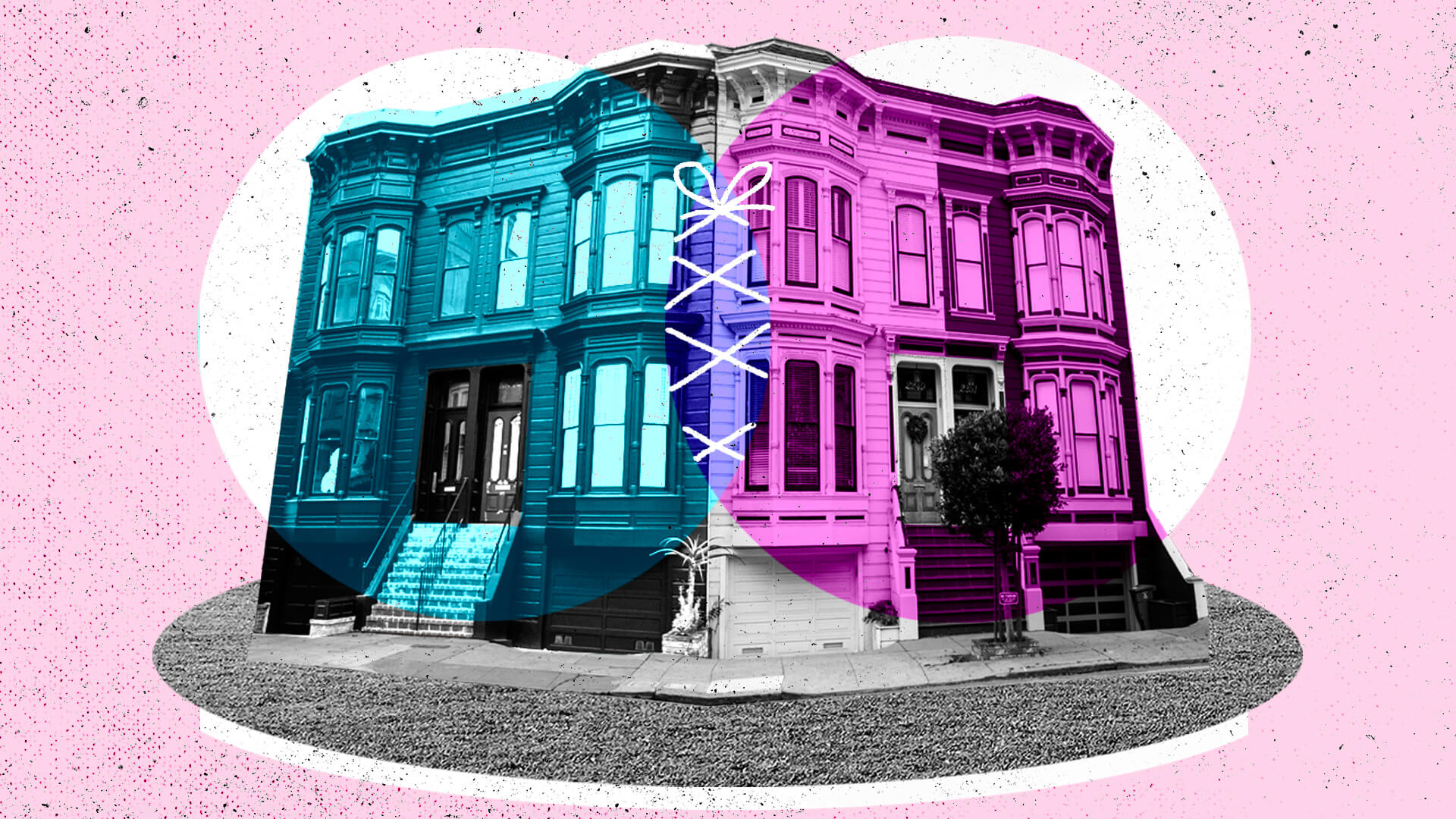 Side-by-side, colorful images of brownstone homes with stitches and a bow drawn between the two.
