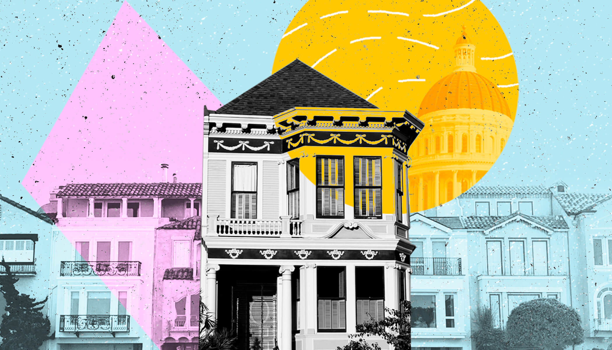 Colorful sketches of detached homes and condos.