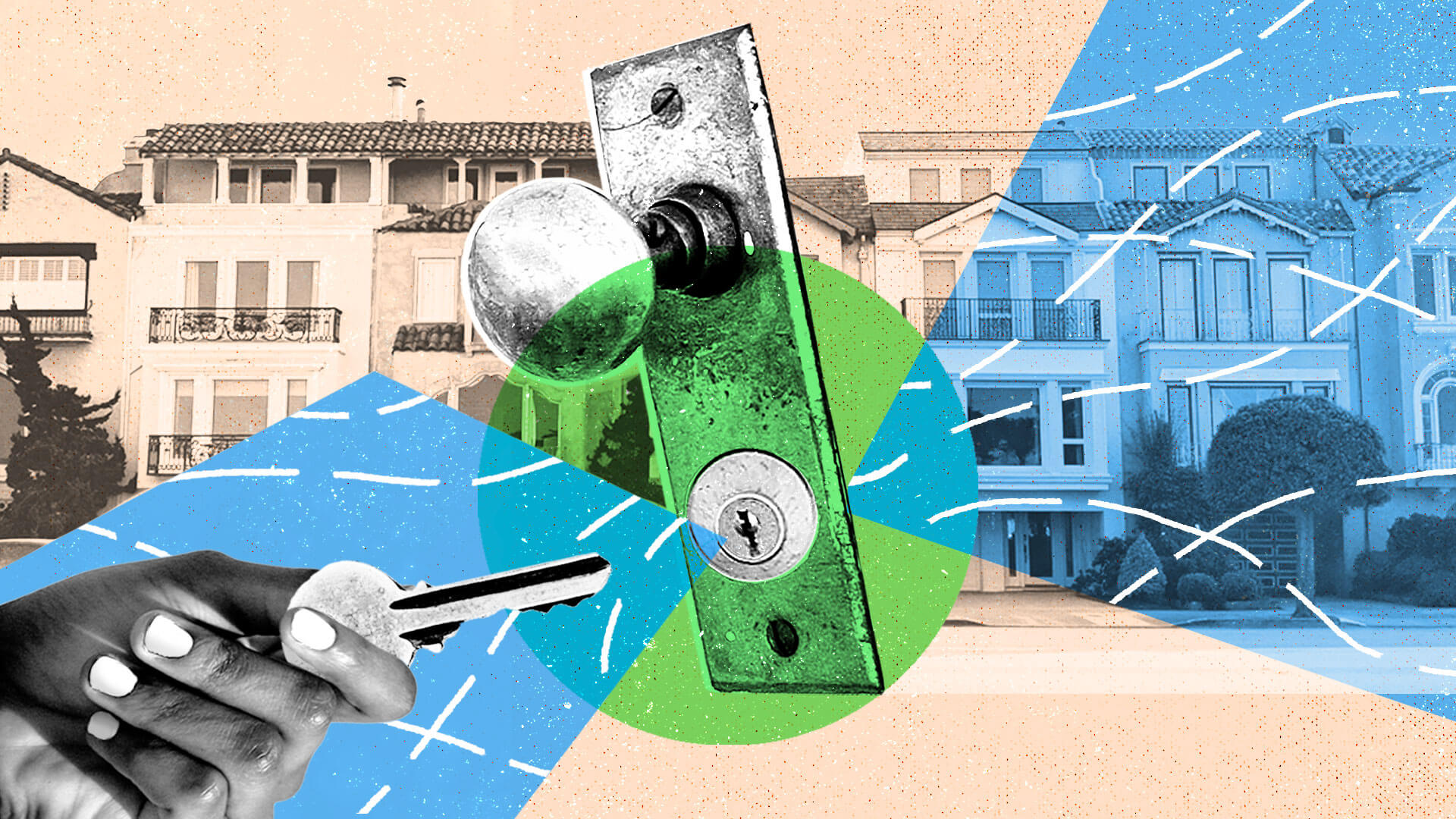 A door knob and lock, a hand holding a key, and condos in the background.