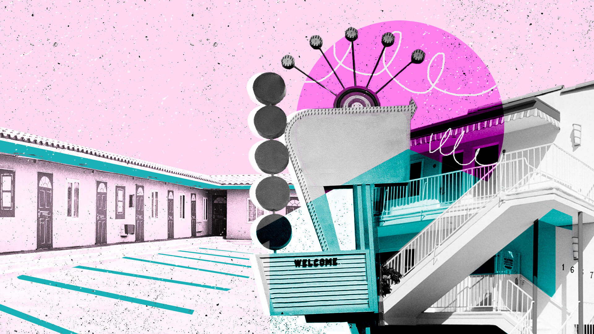 A colorful image of a motel with a welcome sign.