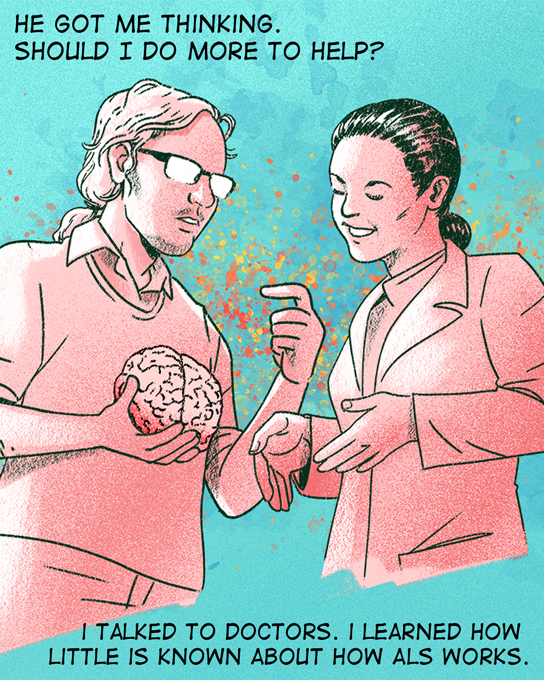 Illustration of Ivan Marazzi in discussion with a colleague