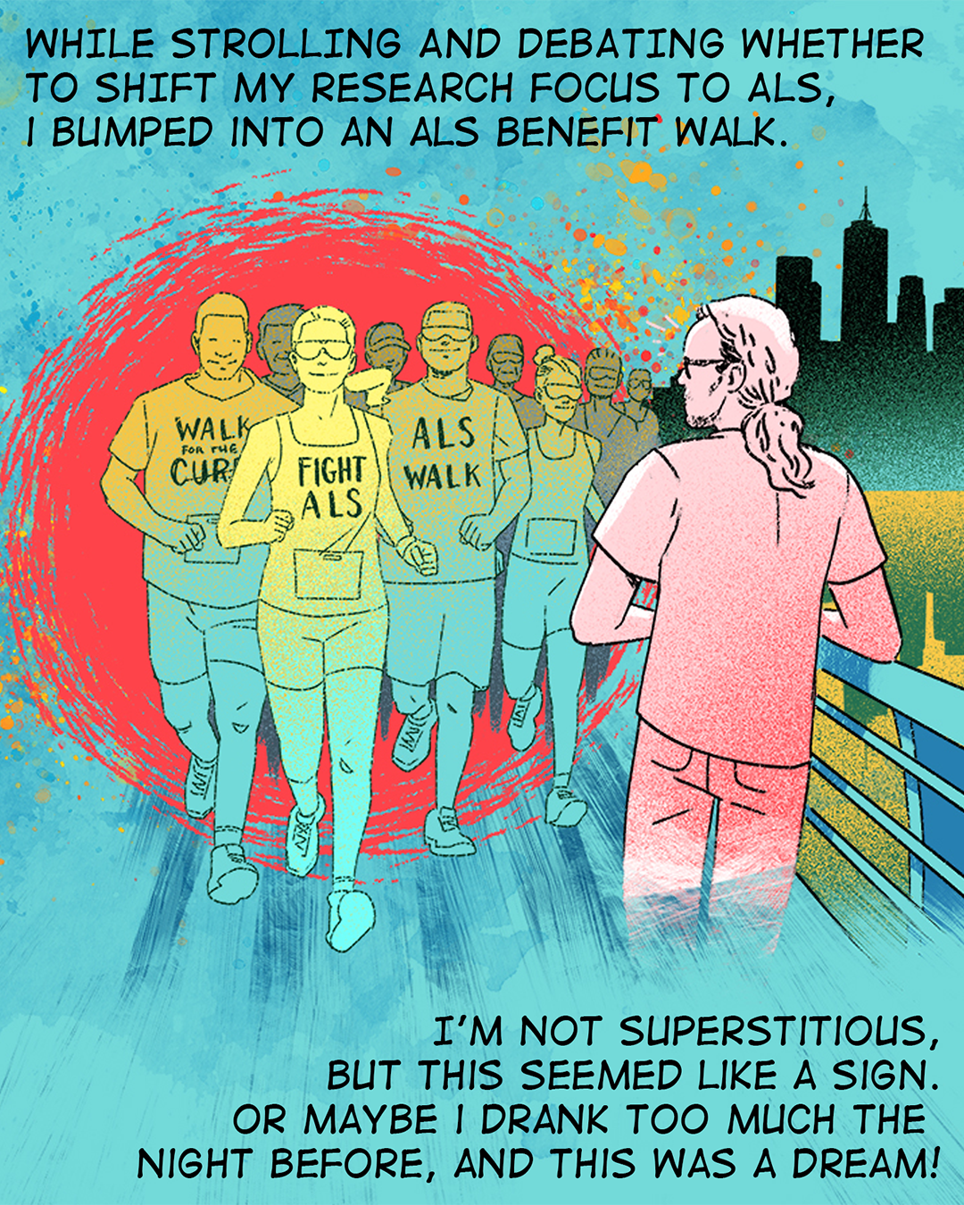 Illustration of Ivan Marazzi as he watches a group of runners and walkers going over a bridge