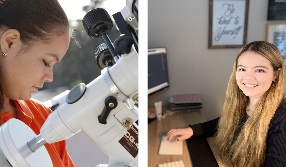 Ana-Maria Istrate working with a large microscope and smiling while working at a computer.