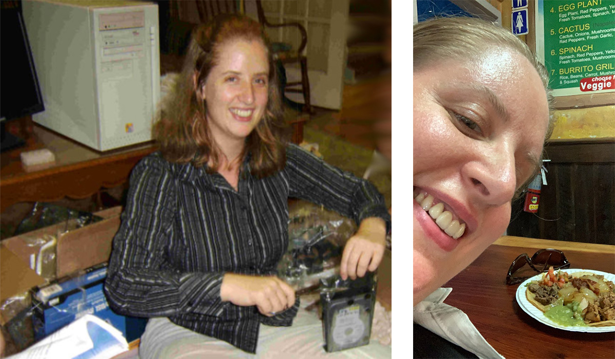 Side-by-side photos of Annette Torrence smiling while working with computer parts, in the next photo Annette is smiling next to a plate of food.