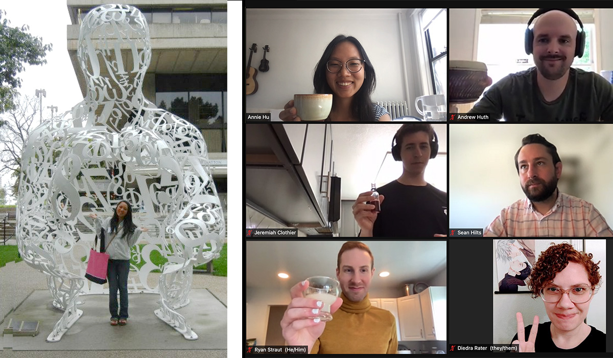Side-by-side pictures of Annie Hu. In the first photo, Annie is standing underneath a sculpture and in the next photo Annie is on a Zoom call with several other people.