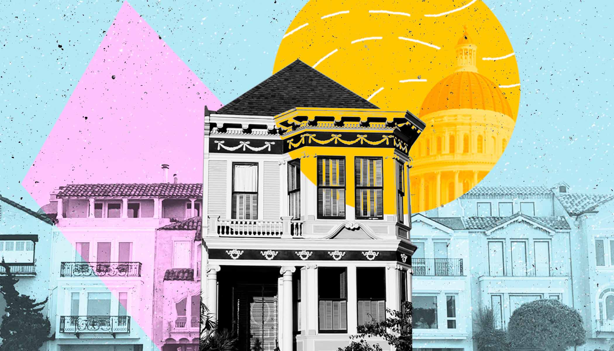 Photos of different types of homes on a blue, violet and yellow background.