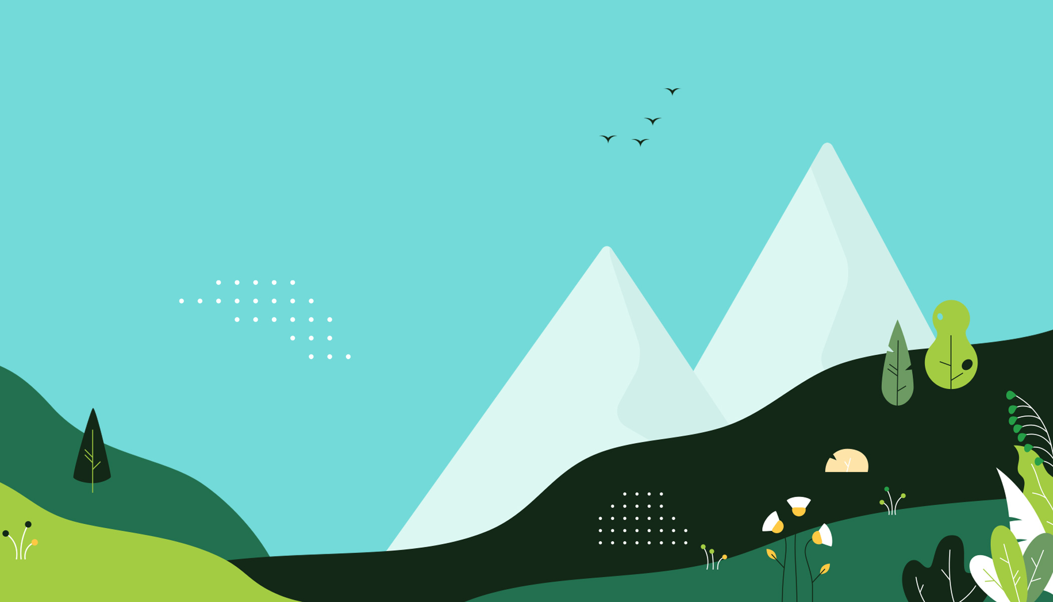 An illustration of a landscape with small trees and blueish-white mountains.