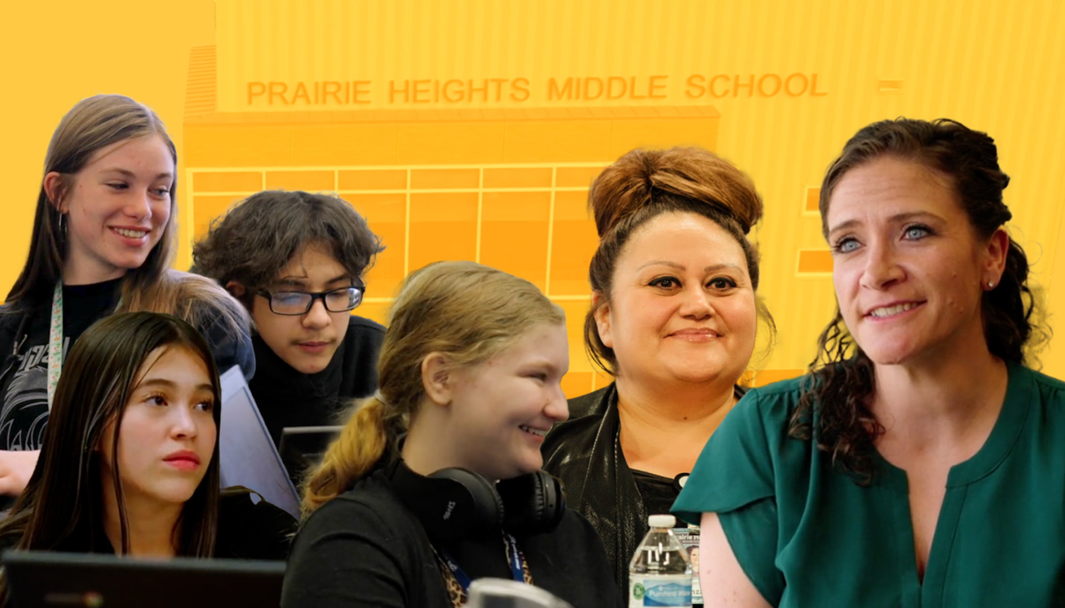 A collage of students and teachers on a yellow-tinted photo of the Prairie Heights MIddle School building.