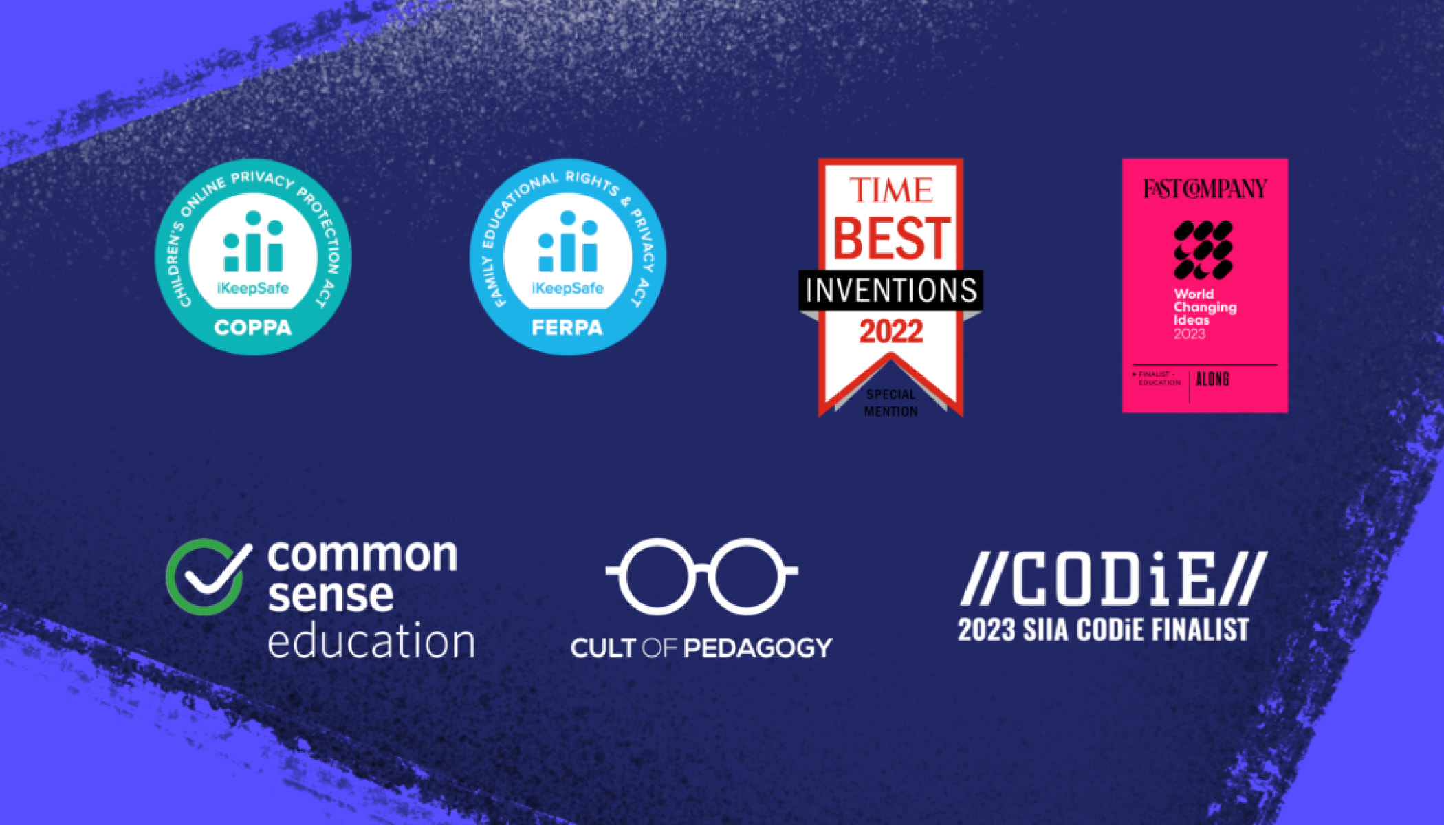 Seven award logos displayed on a dark purple and light purple illustrated background.