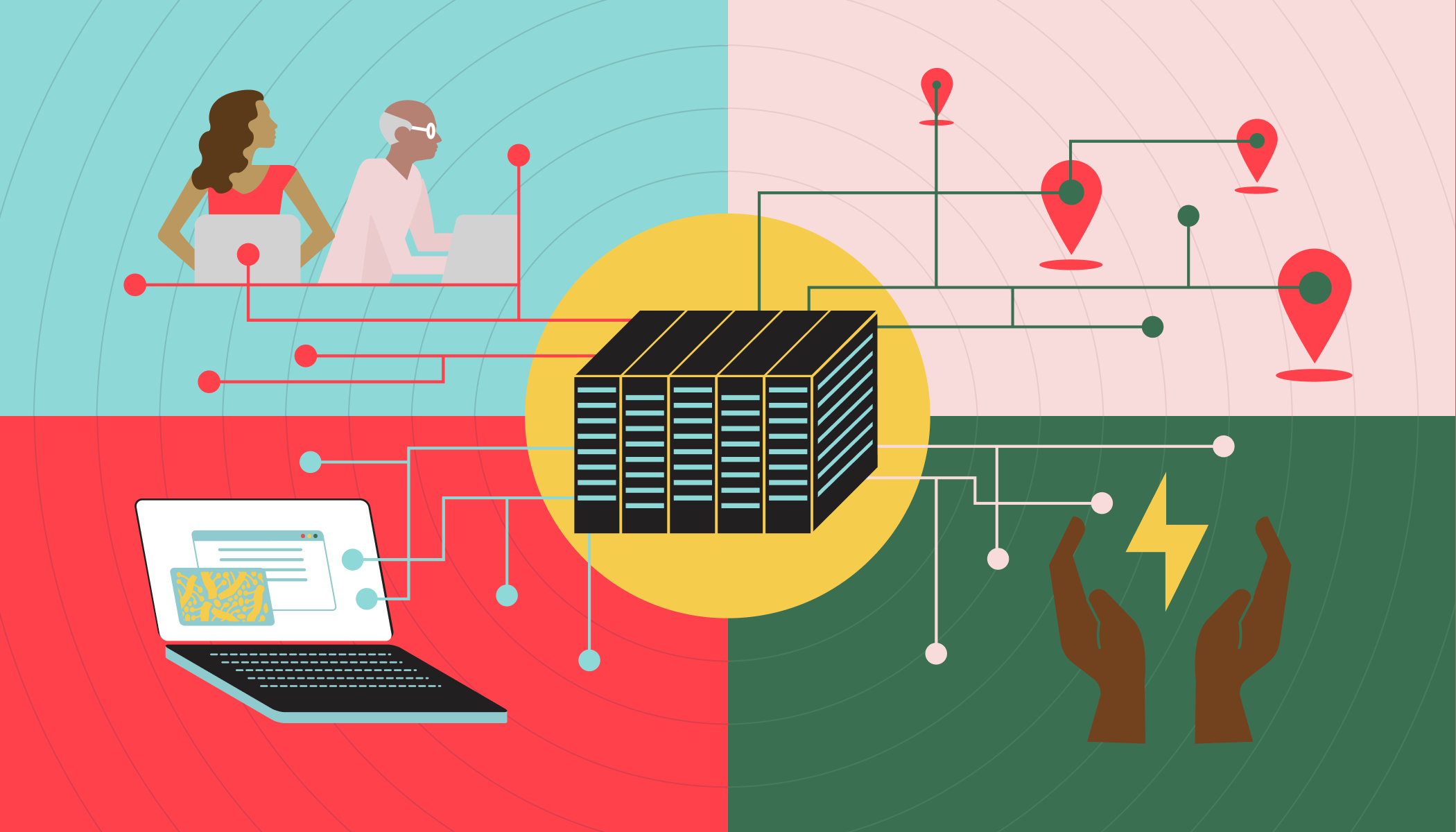 Illustration of science and technology, including people working on computers, an open laptop, location pins, and hands holding an electricity symbol.