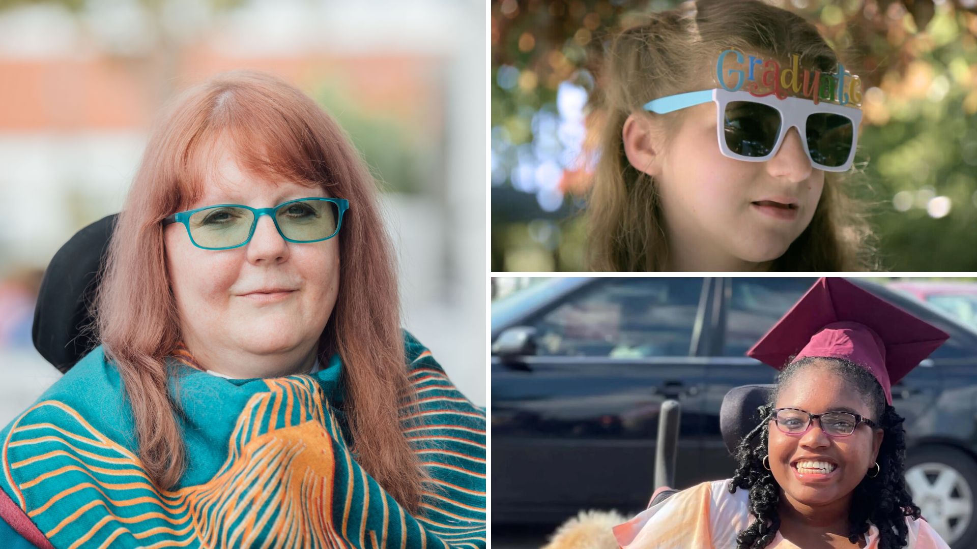 A collage of three photos: a woman wearing green glasses and a matching scarf, a child wearing sunglasses that say “graduate,” and another child wearing a graduation cap.