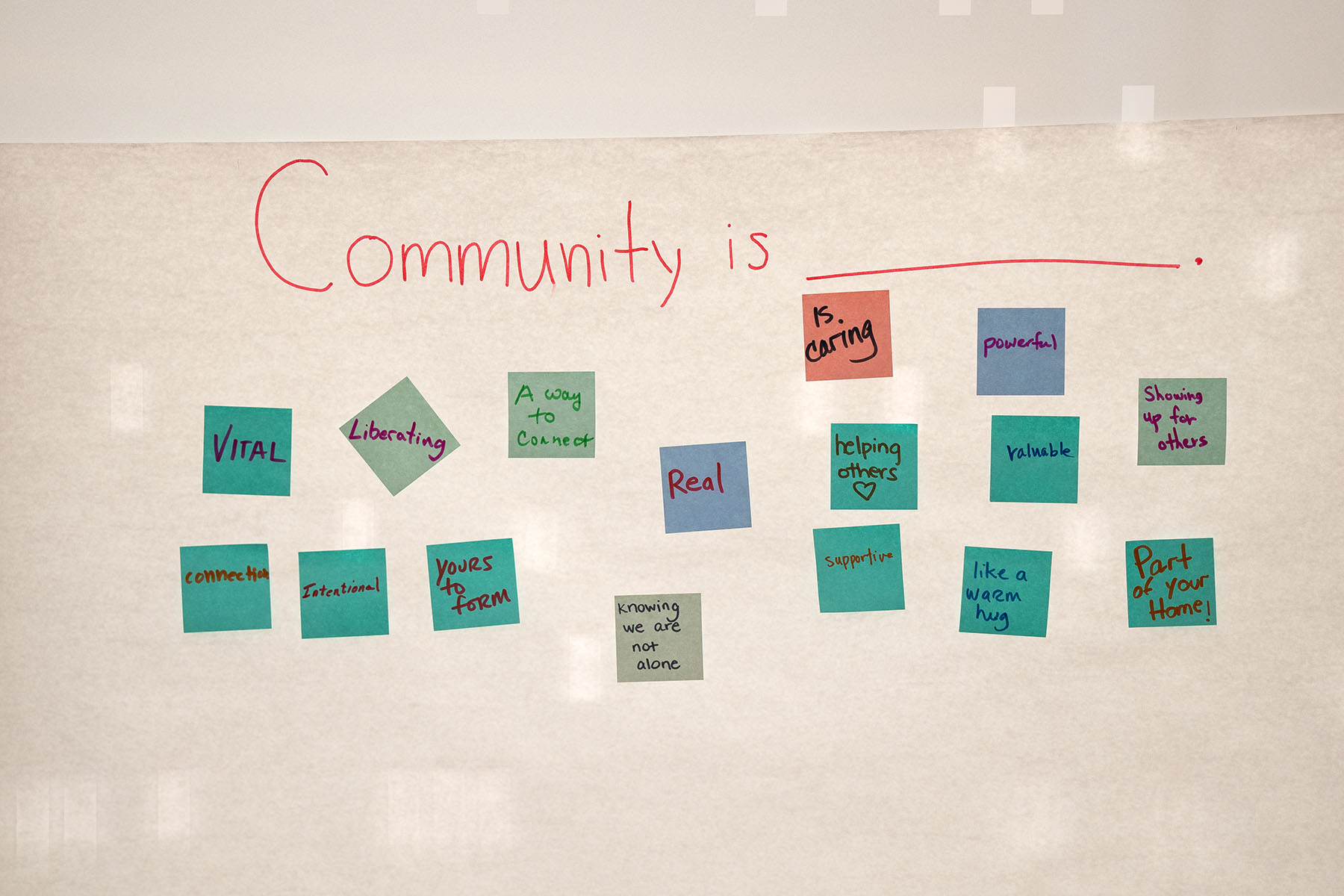 A piece of white paper contains several sticky notes describing what community means to people.